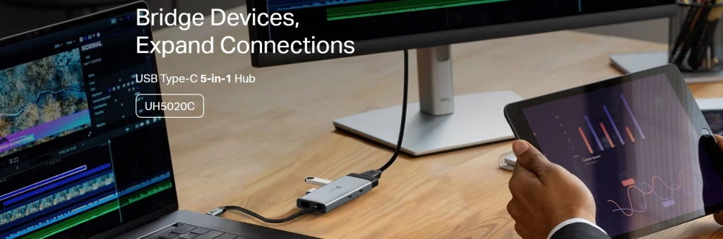 UH5020C – רכזת USB-C 5 ב־1 עם HDMI 4K, טעינה מהירה וחיבורי USB מהירים