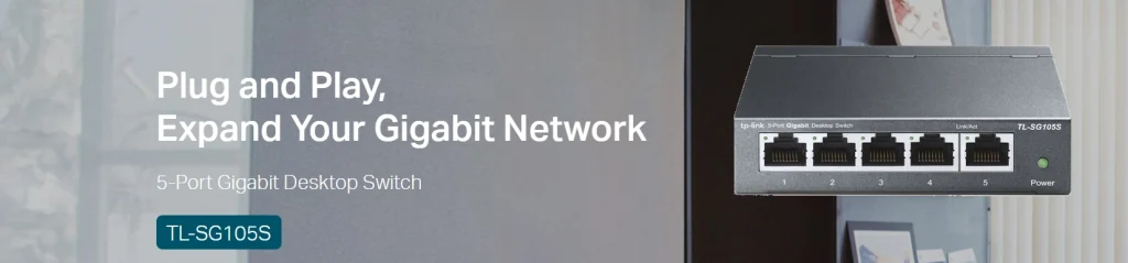 TL-SG105S – מתג שולחני עם 5 יציאות Gigabit, עיצוב מתכתי ויעילות חסכונית