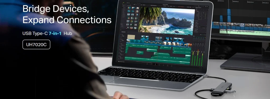 UH7020C – רכזת USB-C חכמה 7 ב־1 עם HDMI 4K, טעינה מהירה ו־SD כפול