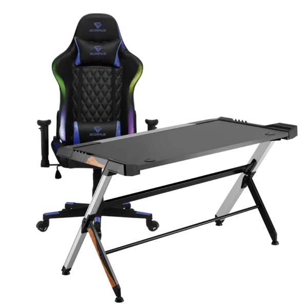 מושב גיימינג SCORPIUS LIGHTNING BLUE + שולחן גיימינג ARES RGB 120