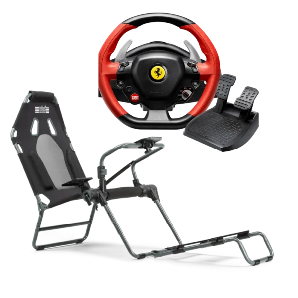 באנדל הגה Ferrari 458 Spider מבית Thrustmaster ומושב GTLite Carbon Grey מבית Next Level Racing