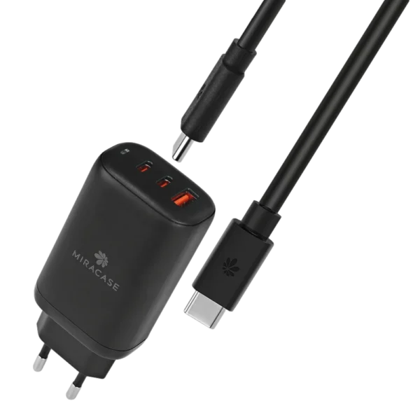 מטען קיר מהיר MIRACASE USB-A + 2 x PD Type-C 65W – צבע שחור