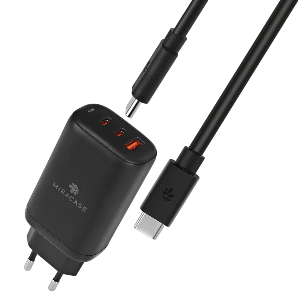 99213-003-28 מטען קיר מהיר MIRACASE USB-A + 2 x PD Type-C 65W – צבע שחור – תמונה 1