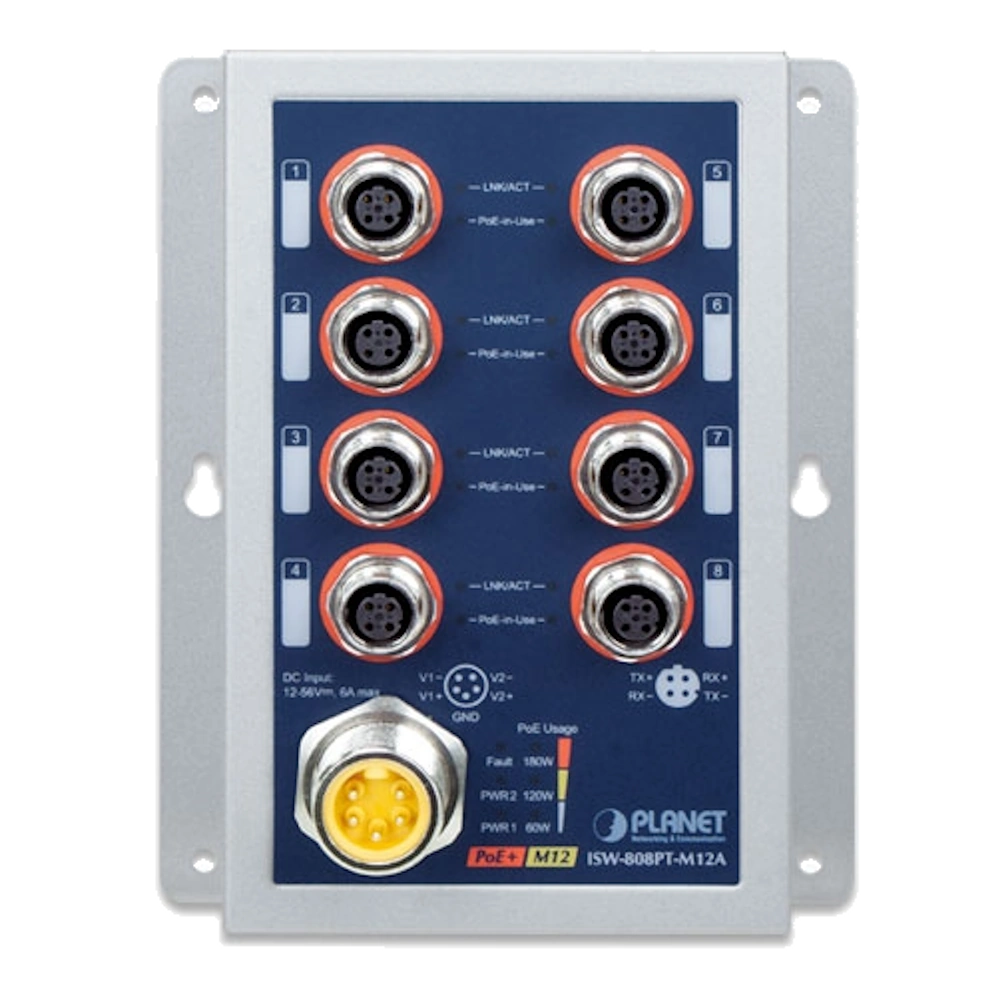 Planet ISW-808PT-M12A – חיבורי PoE אמינים בסביבות תעשייה ותחבורה