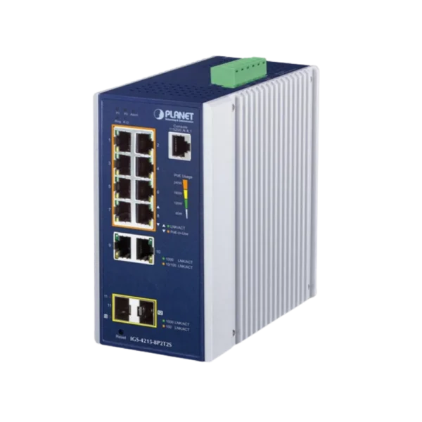 מתג תעשייתי מנוהל 12 פורטים Gigabit PoE+ דגם IGS-4215-8P2T2S מבית PLANET