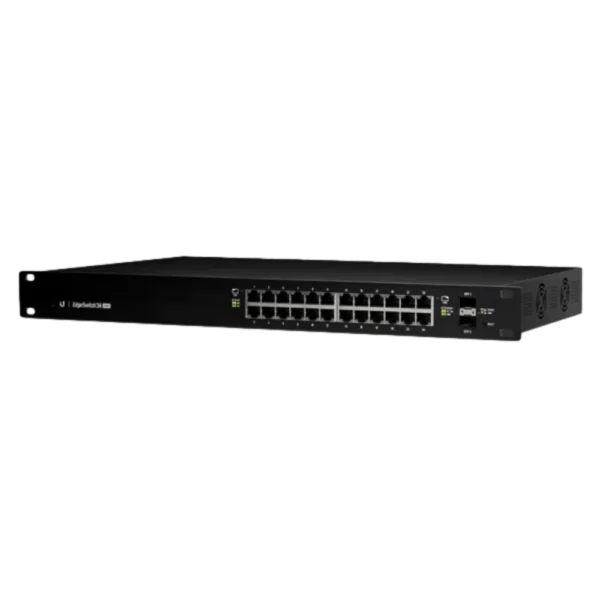 ES-24-500W מתג POE עם 24 מבואות ג'יגה מקצועי מבית UBIQUITI. תומך עד 500W, מנוהל L3 ושתי מבואות SPF