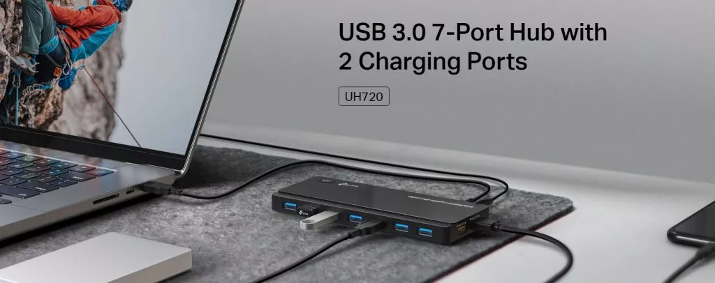 מפצל USB 3.0 עם 7 יציאות נתונים ו־2 יציאות טעינה מהירה