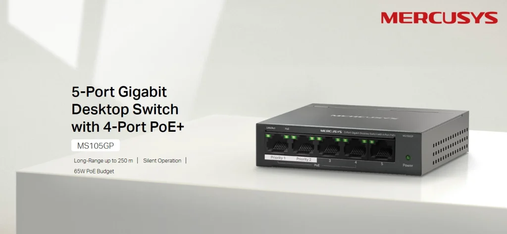 MS105GP – סוויץ' +PoE עם הגדלת טווח עד 250 מטר, 5 פורטי Gigabit וקיבולת 10Gbps